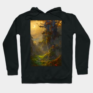 Surreal Magical Tower in Beautiful Landscape with Birds, and Trees by the Mountains under the Moon Hoodie